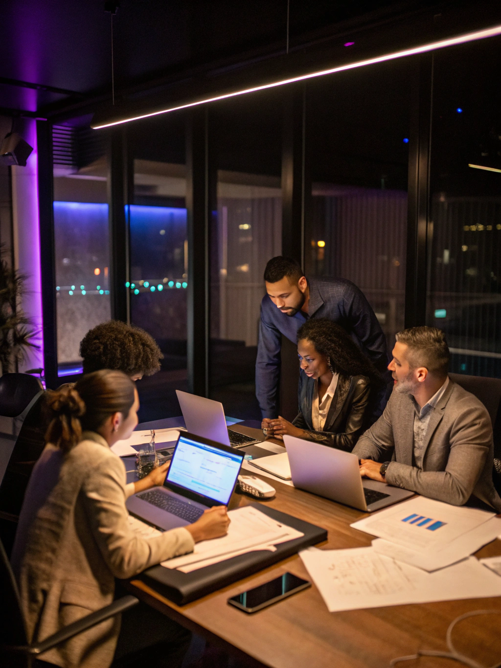 Professional team collaborating in a modern office environment